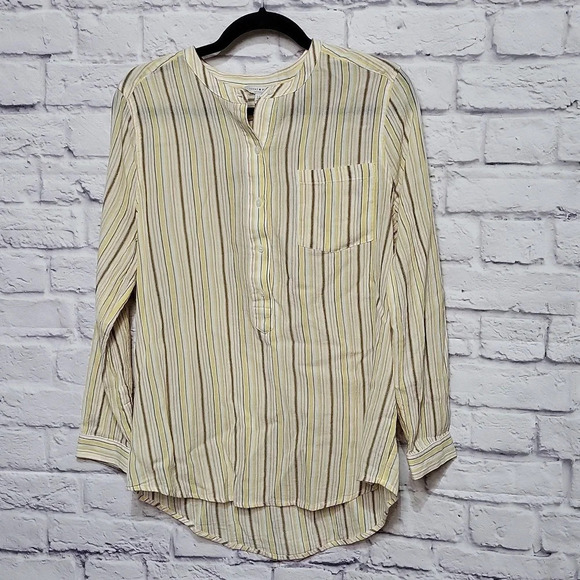 Lucky Brand Women's L‎ Half Button Front Pocket Yellow Tan tunic Button sleeve - Picture 1 of 5